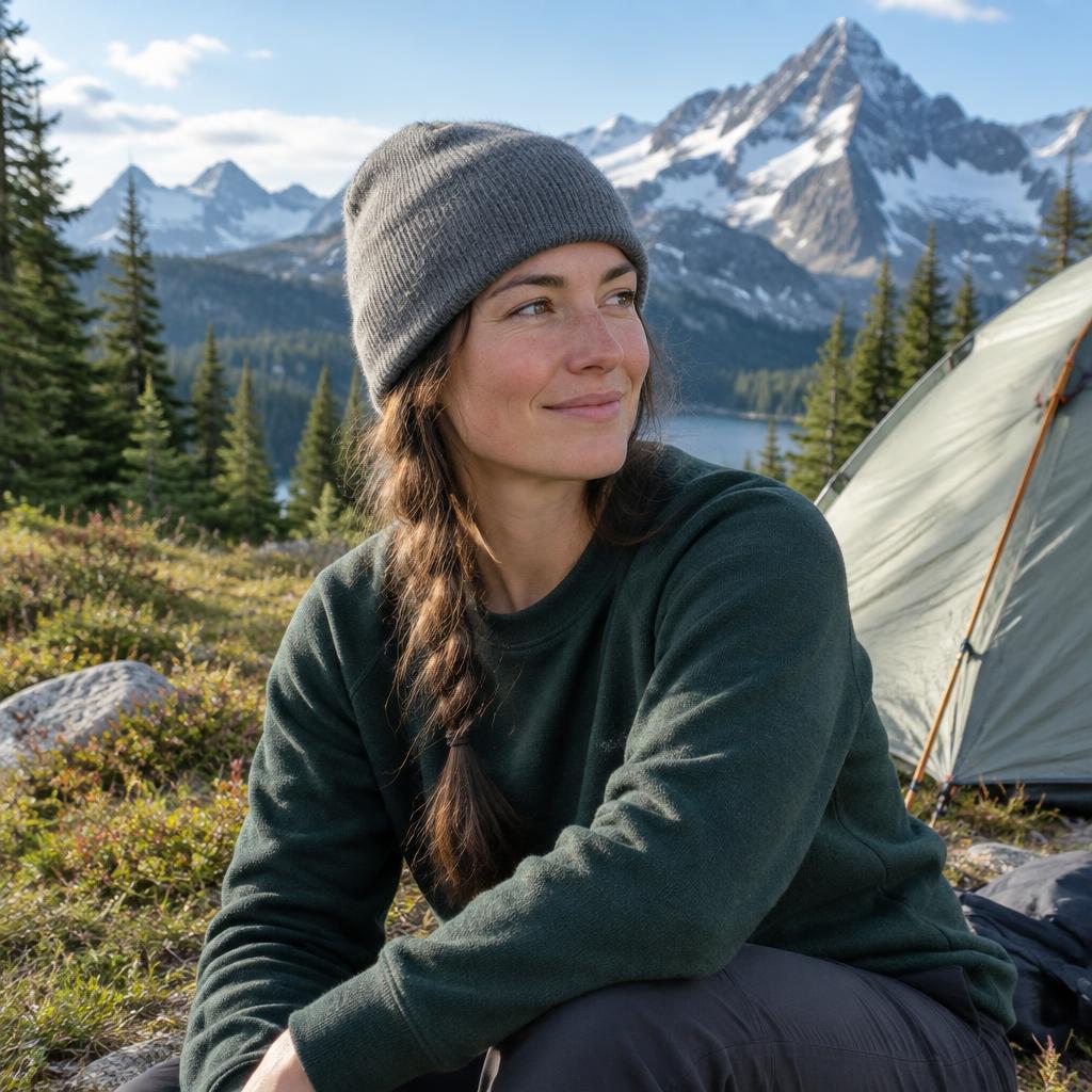 Camper wearing a grey beanie in a mountain meadow