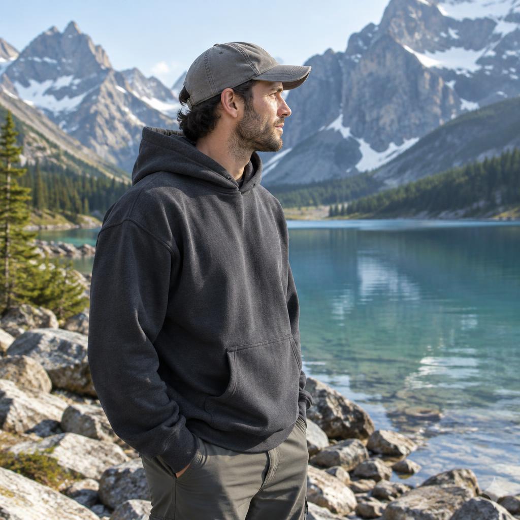 Hiker wearing a charcoal hoodie and cap by a mountain lake